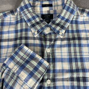 J.Crew  Shirt Mens Large Slim Fit Homespun Cotton‎ Blue Paid Button Down